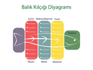 Turkish fishbone diagram or Ishikawa diagram template vector illustration. Translate Title: fishbone diagram. Translate subheadings environment, machine, man, measurement, method, materiel, problem - obrazy, fototapety, plakaty