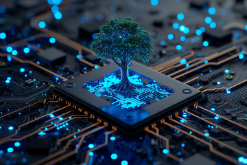 Circuit board with tree hologram technology concept - obrazy, fototapety, plakaty