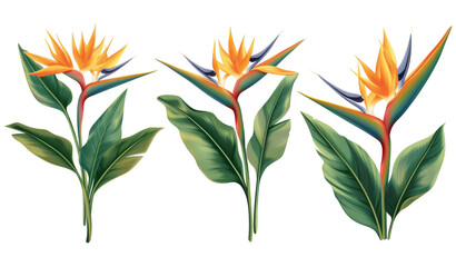 Set with beautiful Bird of Paradise tropical flowers and green leaves