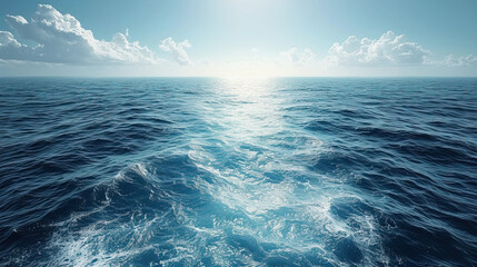Close-up wide-angle photo of the open ocean, calm waves and dreamy clouds over horizon. AI generated image