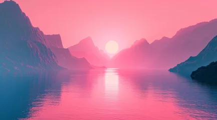 Fototapeten Fantasy mountains and sea at sunset. 3D illustration. Vintage style. © Oleg