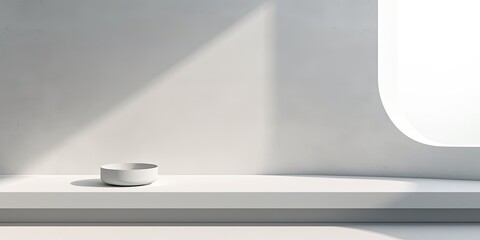 Minimalistic white studio with podium background for showcasing products. Empty gray room with window shadows. Presenting product against blurred backdrop.