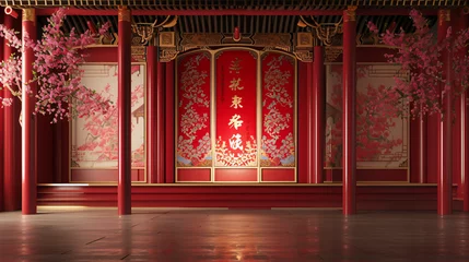 Rolgordijnen Empty stage with red Chinese style © khan