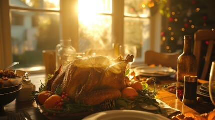 4 july, roasted turkey still hot , table, festive, celebration, no people, window, sun flare 