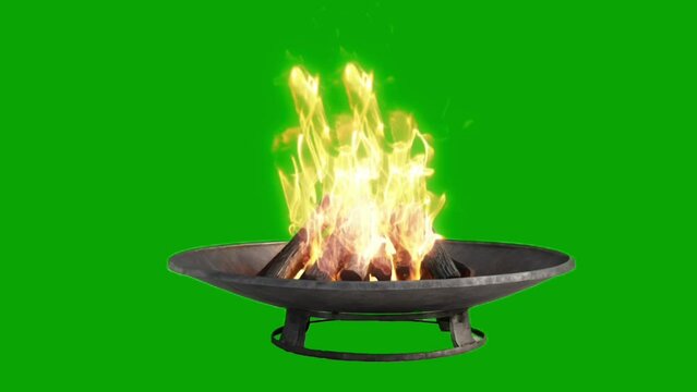 Iron fire pit and burning fire Green screen