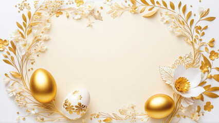 Naklejka na ściany i meble White and Gold Background With Eggs and Flowers