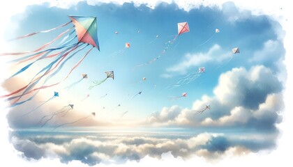 Watercolor kites flying in the sky.