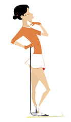 Golfer woman on the golf course. 
Golf course. Cartoon young golfer woman aiming to do a good shot. Thinking young golfer woman
