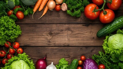 Wood background with vegetables, mainly tomatoes with copy space