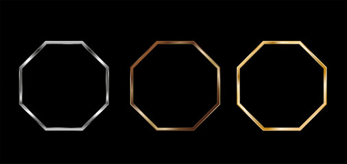 Gold, silver, bronze octagonal frames for a picture or photo. 3d vector illustration isolated on transparent background. - obrazy, fototapety, plakaty
