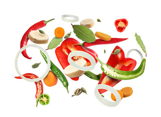 Different fresh vegetables and spices in air on white background