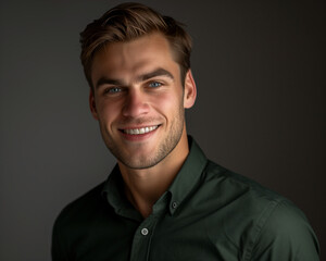 Obraz premium Genuine Smile Portrait of Stylish Business Man. Portrait of a man with a warm, genuine smile, wearing a green shirt.