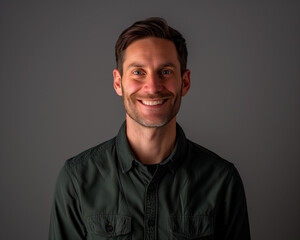 Obraz premium Genuine Smile Portrait of Stylish Business Man. Portrait of a man with a warm, genuine smile, wearing a green shirt.