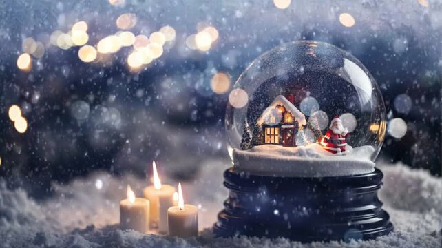 Bola de cristal con adornos navide&ntilde;os bajo la nieve que cae