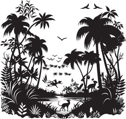 Fototapeta na wymiar Midnight Safari Shadowy Jungle Logo Eclipse Eden Blackened Jungle Icon Design