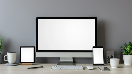 sleek modern office desk mockup with blank screens