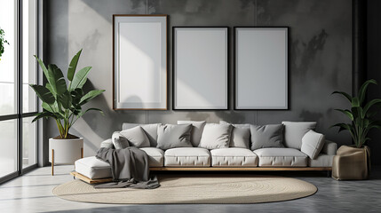 contemporary living room mockup with blank frames and screens