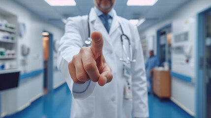 doctor pointing in hospital environment, front view