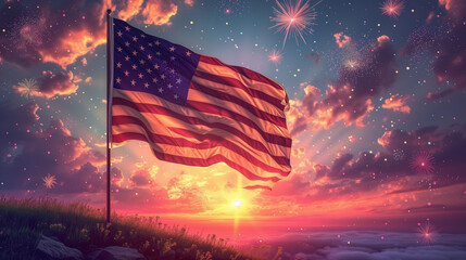 4th of july celebration with USA flag and fireworks