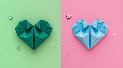 Green and blue origami heart. 3D background