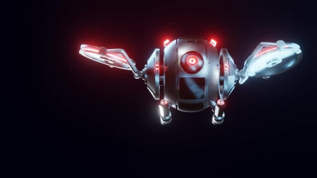 Silver quadcopter drone with camera isolated on black background. 3D rendering image.