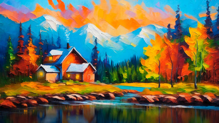 An impressionism painting of a house by a lake with a mountain in the background - obrazy, fototapety, plakaty