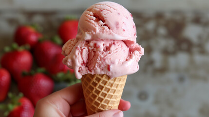strawberry ice cream cone with bite taken out