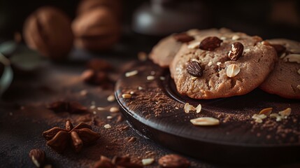 Fototapeta na wymiar Chocolate chip cookies with nuts on a dark background, selective focus