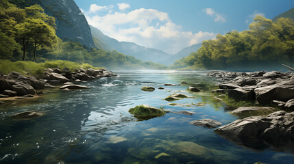 Naklejka na ściany i meble A Serene River Landscape with Lush Greenery and Rocky Terrain