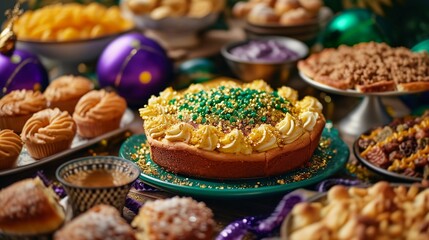 Table with traditional Mardi Gras treats. King Cake adorned with green, yellow, and purple....