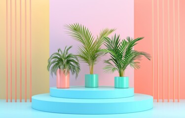 Abstract 3D room with set of realistic pedestal podium and palm tree