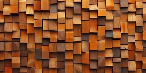 Abstract block stack wooden 3d cubes on the wall for background banner panorama - Brown wood texture for backdrop or wallpaper, Generative AI