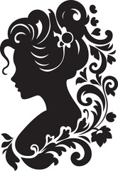 Retro Rose Reverie Black Floral Border Design Vintage Bloom Belle Womans Face Vector Emblem