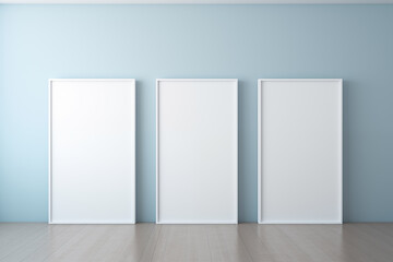 Three blank canvases with white frames placed on the wall