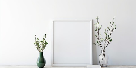 Festive decorations for displaying artwork at home, including a mock-up with green branches in a vase on a white table.