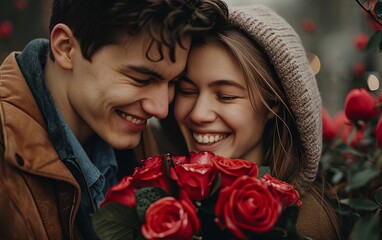 A young couple on Valentine's Day, happy and laughing