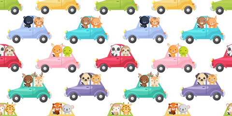 Cute little animals driven car seamless childish pattern. Funny cartoon animal character for fabric, wrapping, textile, wallpaper, apparel. Vector illustration