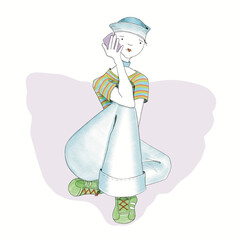 Animated Pale young woman sitting in fashionable clothes on phone