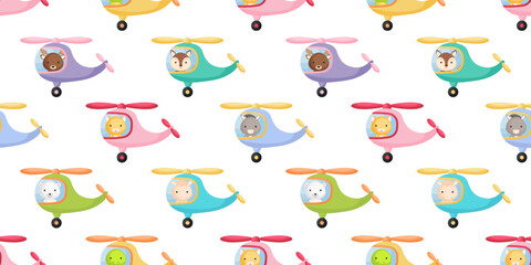 Cute little animals fly on helicopter seamless childish pattern. Funny cartoon animal character for fabric, wrapping, textile, wallpaper, apparel. Vector illustration