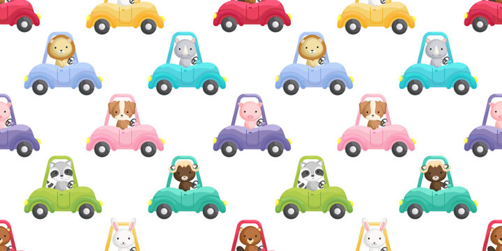 Cute little animals driven car seamless childish pattern. Funny cartoon animal character for fabric, wrapping, textile, wallpaper, apparel. Vector illustration
