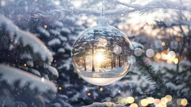 Bola de cristal decorada bajo la nieve que cae