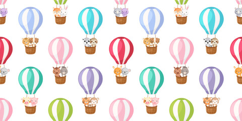 Cute little animals fly on hot air balloons seamless childish pattern. Funny cartoon animal character for fabric, wrapping, textile, wallpaper, apparel. Vector illustration