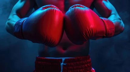 Fotobehang Boxer in red gloves, fierce and ready for combat on a dark background, Ai Generated. © Nattakun