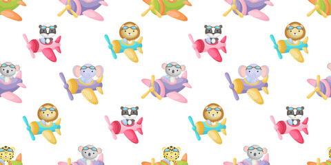 Obraz premium Cute little animals fly on plane seamless childish pattern. Funny cartoon animal character for fabric, wrapping, textile, wallpaper, apparel. Vector illustration