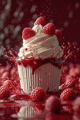 Tarta Red Velvet  en forma de pastelito, decorado con nata batida, frambuesas y sirope de fresa, un salpicón de sabores, desbordando tus sentidos, falta la cuchara - obrazy, fototapety, plakaty