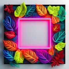 Neon square frame surrounded by tropical leaves. Dark background. Generative AI.