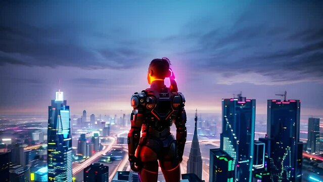 Cyborg man stands on the roof of a building, a modern city. Video generative AI