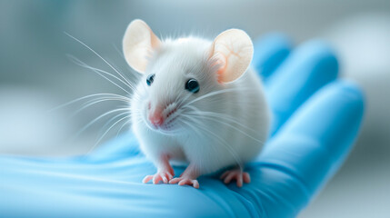 Hands in medical gloves holding a white mouse on a light background.