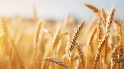 Fototapeta premium Close up of ripe golden wheat ears, field of wheat in a summer day, sun flare. Harvesting period. Generative AI