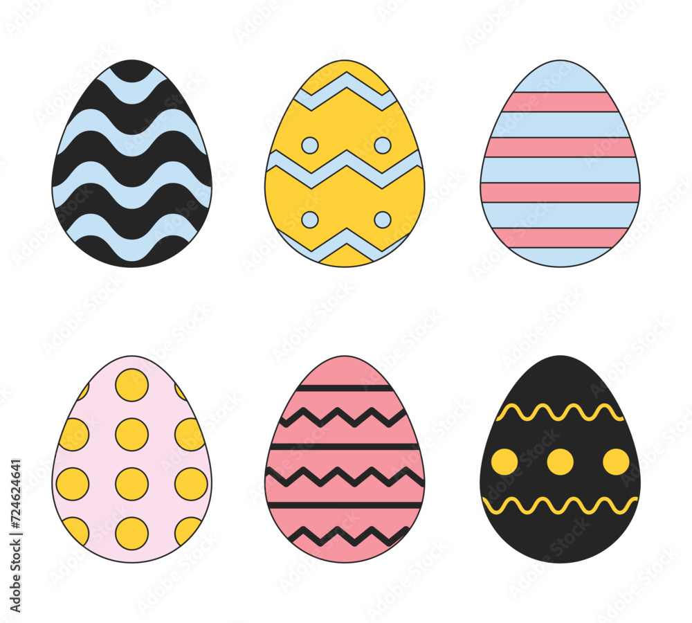 Poster springtime painted eggs 2d linear cartoon objects set. resurrection holiday easter-eggs isolated lin